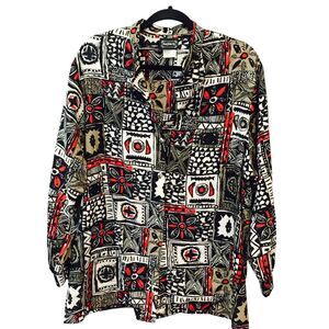 Bon Worth Button Up Blouse Multicolor All Over Print Womens Long Sleeve Collared